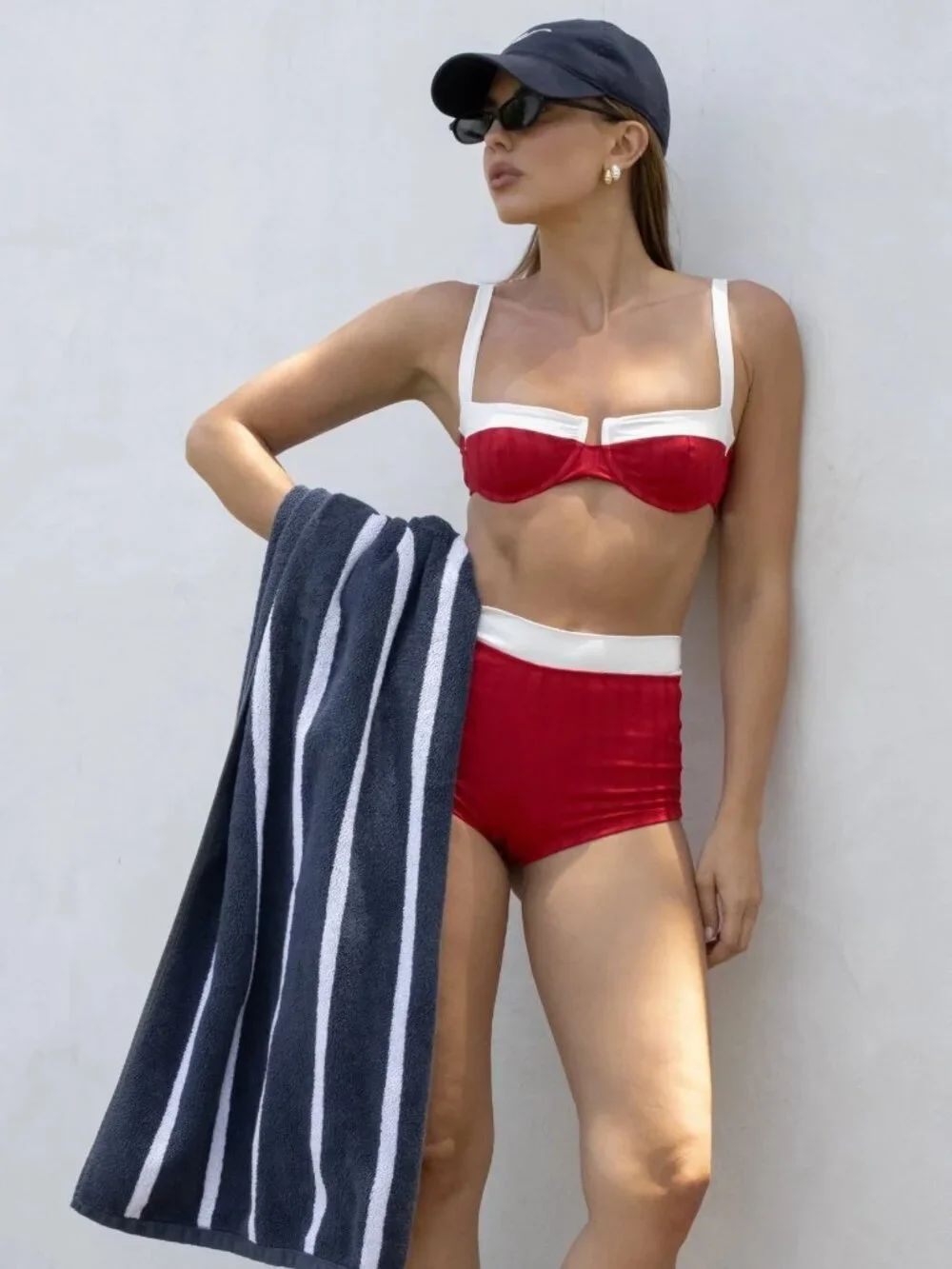 New KYA Kati Wide Rib Rouge/Creme Swim Bikini Bottoms X-Small NWOT